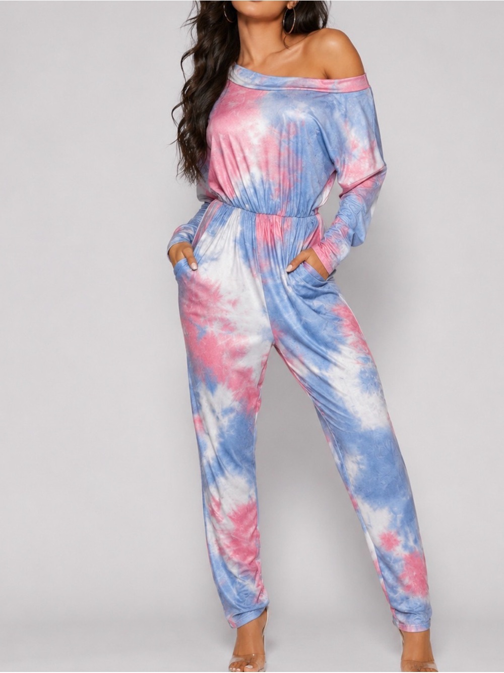 Tie-Dye Pink Blue Womens Soft Loungewear Off-shoulder Jumpsuit Pockets Small